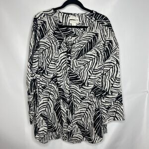 Cynthia Rowley Women Button Down Linen Tunic Top Plus Size 2X Black White Leaves